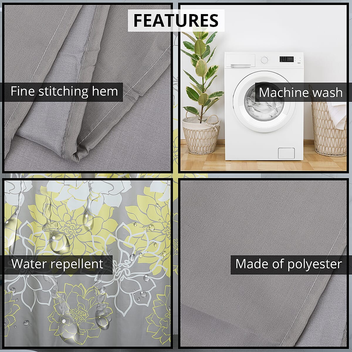 HOMESMART Grey with Yellow & White Floral Pattern 100% Polyester Shower Curtain with 12 Hooks image number 2