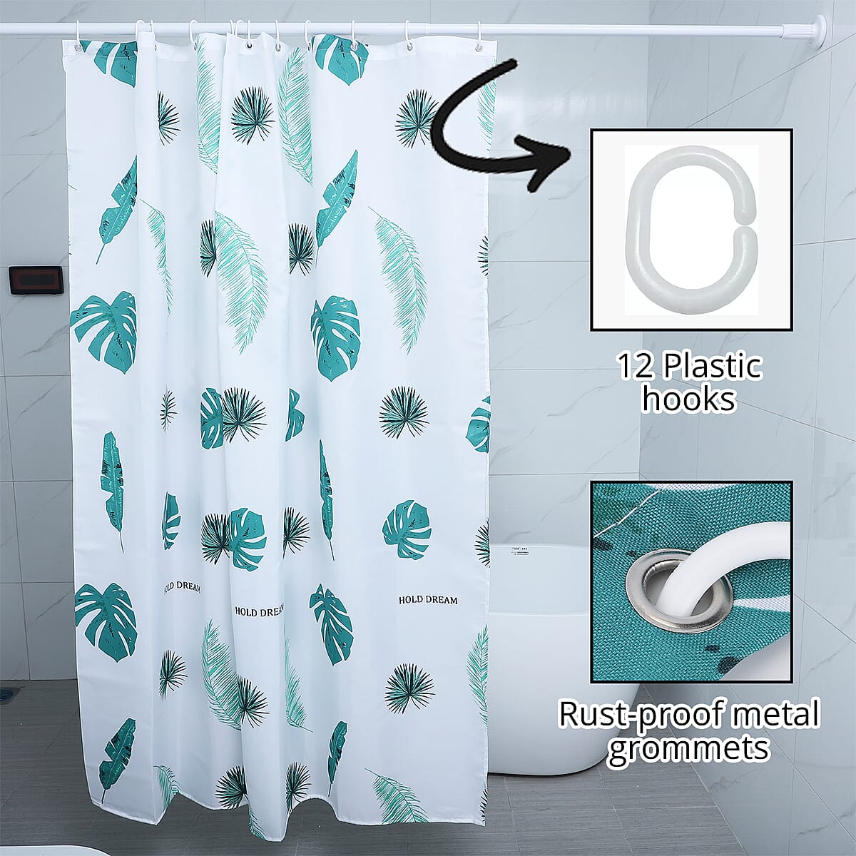 HOMESMART White with Green Print Pattern 100% Polyester Shower Curtain with 12 Hooks image number 1