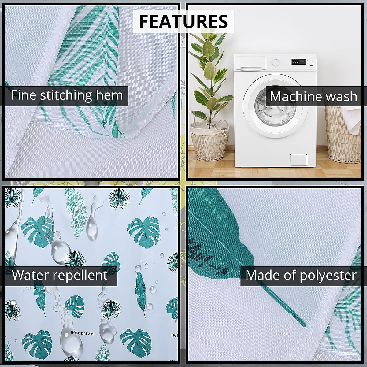 HOMESMART White with Green Print Pattern 100% Polyester Shower Curtain with 12 Hooks image number 2