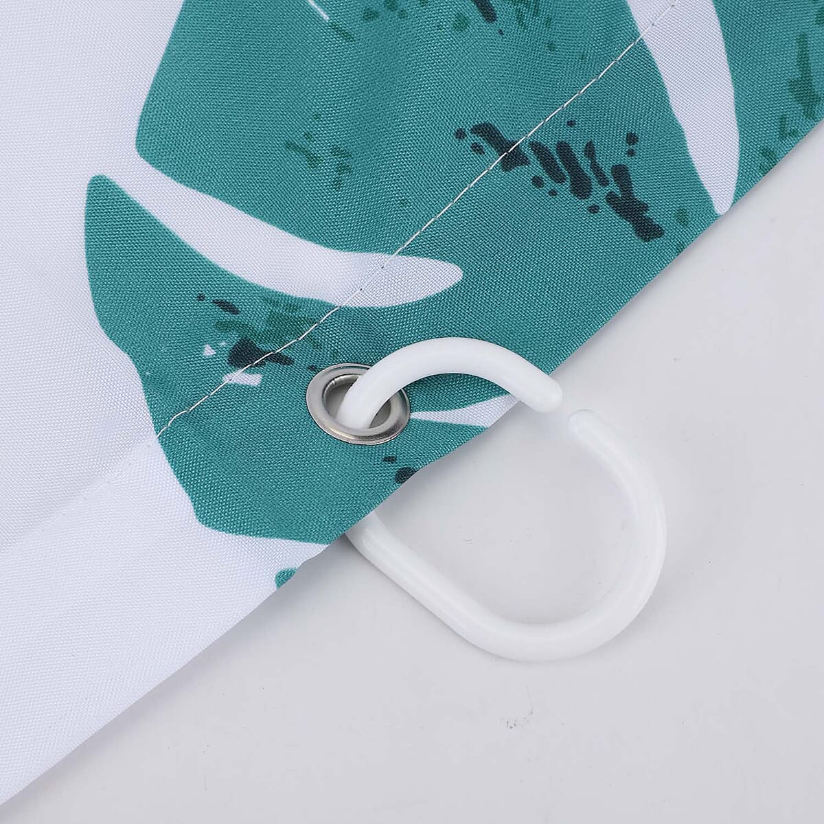 HOMESMART White with Green Print Pattern 100% Polyester Shower Curtain with 12 Hooks image number 5