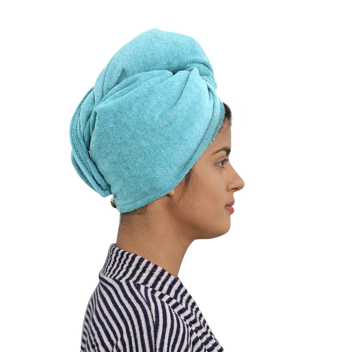 Set of 3 Blue, Teal or Yellow Hair Drying Cotton Cap Towel image number 3