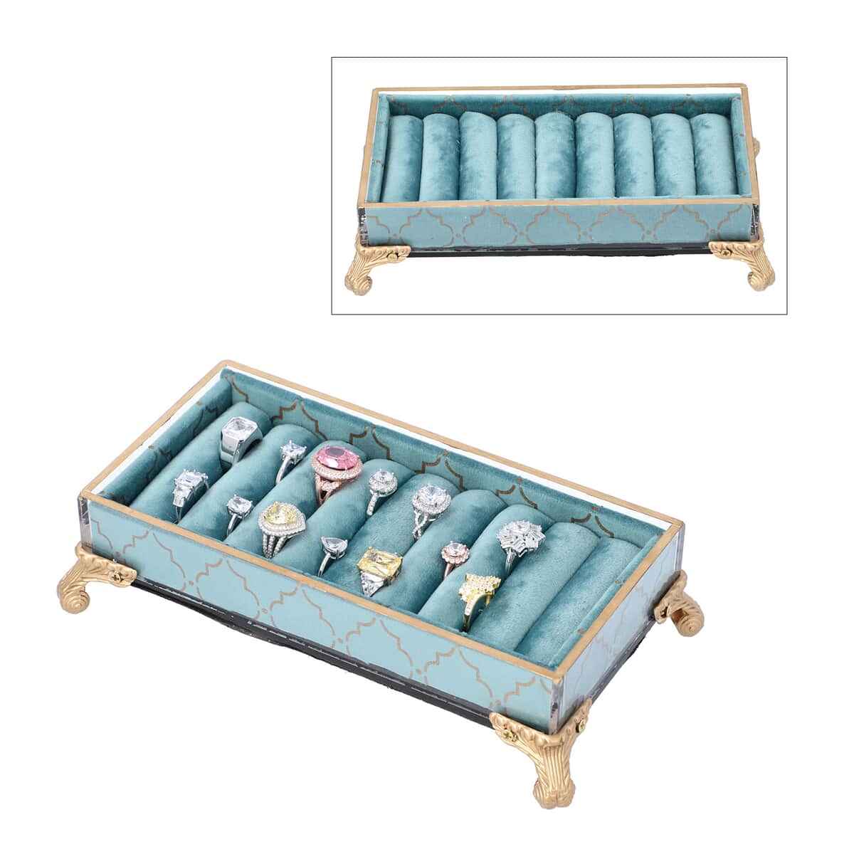 Peacock Blue with Golden Hand-made Bed Shaped Ring Storage Rack image number 0