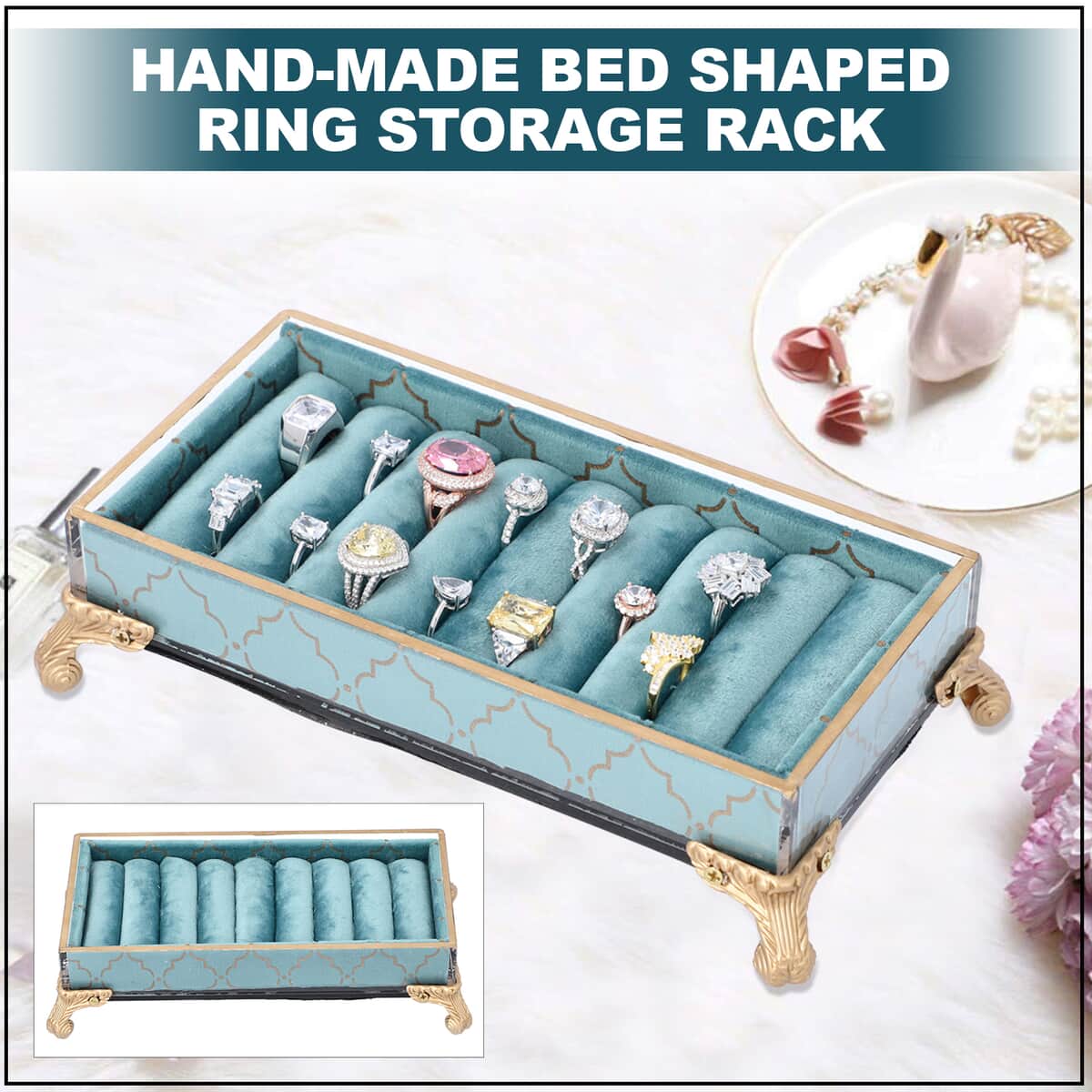 Peacock Blue with Golden Hand-made Bed Shaped Ring Storage Rack image number 1