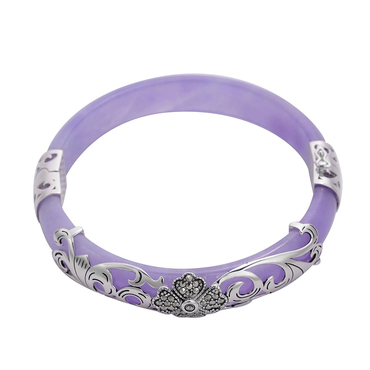 Purple Jade, Swiss Marcasite Bangle Bracelet in Black Oxidized Sterling Silver (8.00 in) 157.00 ctw  image number 2