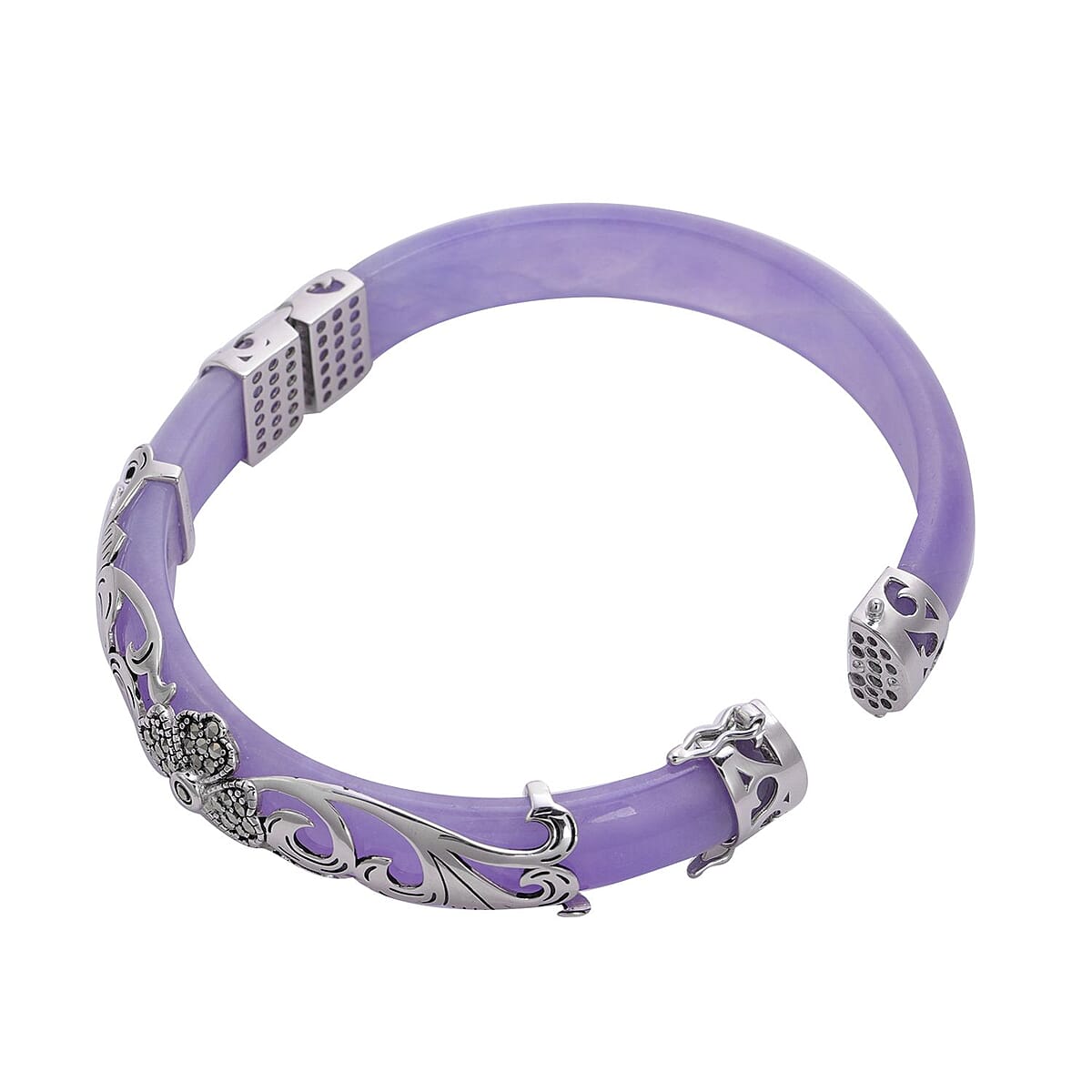 Purple Jade, Swiss Marcasite Bangle Bracelet in Black Oxidized Sterling Silver (8.00 in) 157.00 ctw  image number 3