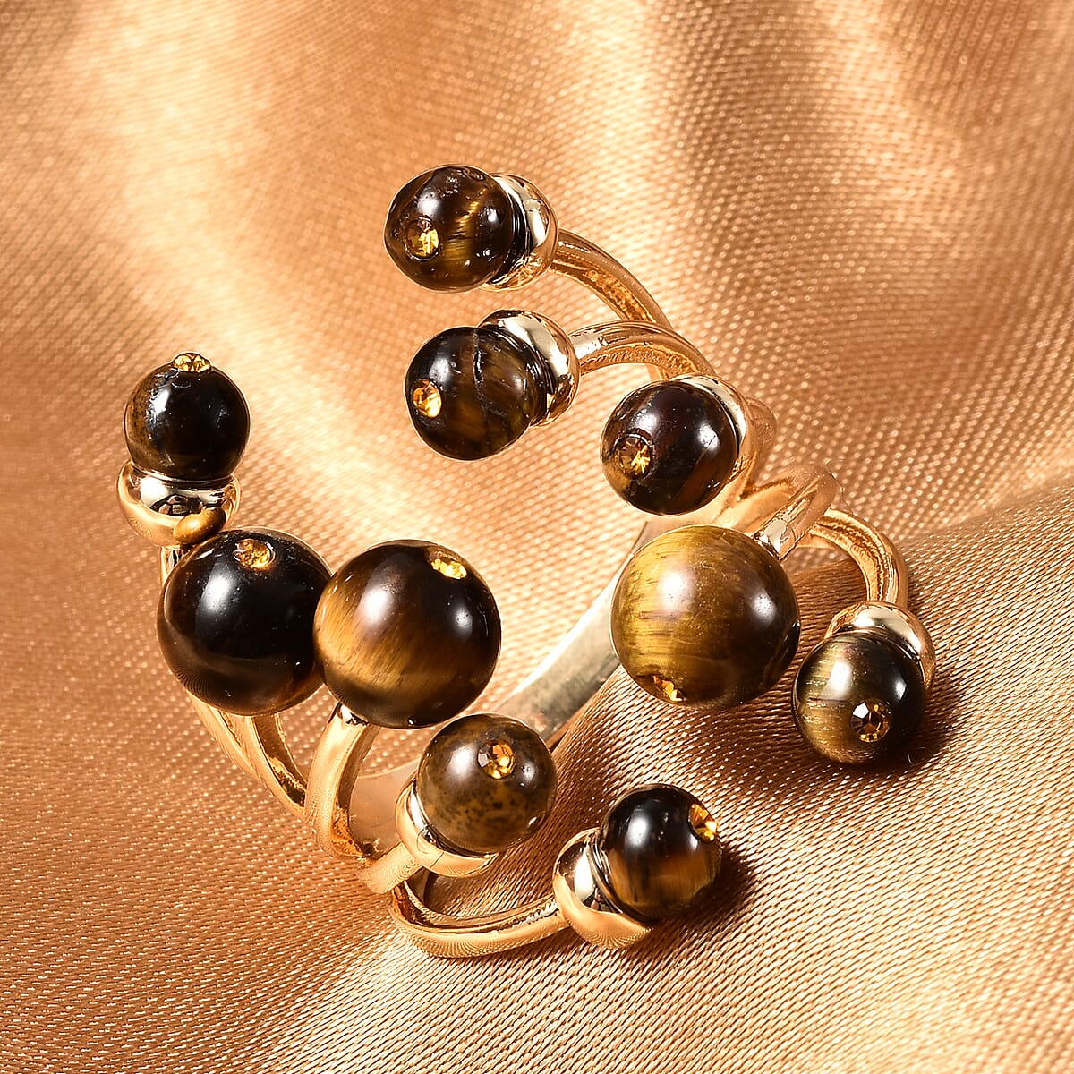 Yellow Tiger's Eye Adjustable Open Cage Style Ring in Goldtone 7.50 ctw image number 1