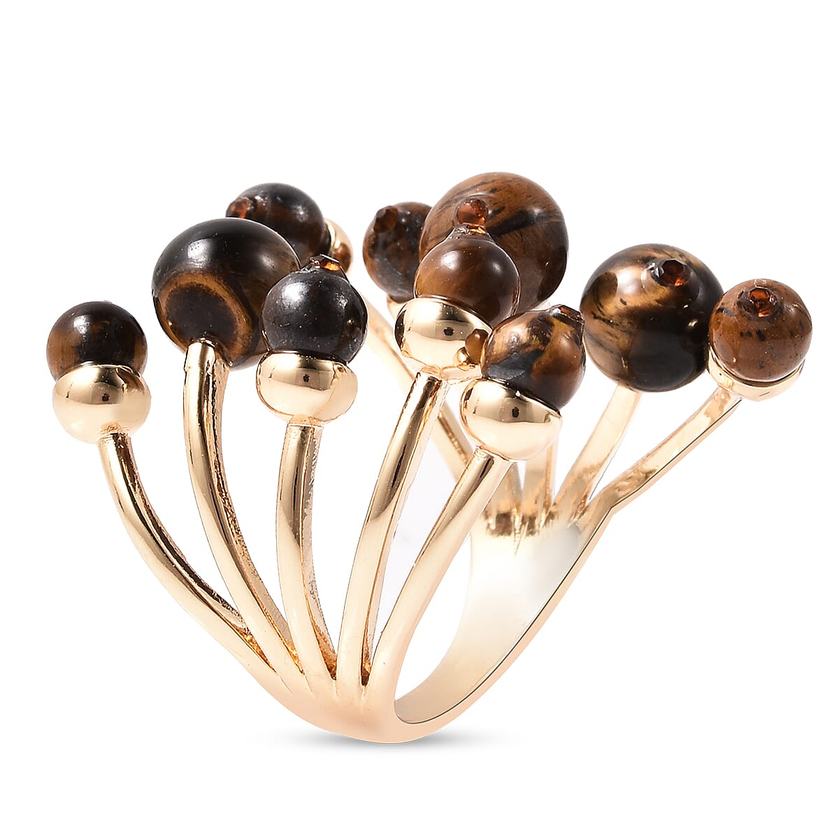 Yellow Tiger's Eye Adjustable Open Cage Style Ring in Goldtone 7.50 ctw image number 3