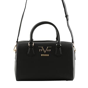 19V69 ITALIA by Alessandro Versace, Black Pebble Texture Faux Leather Tote Bag with Detachable Shoulder Strap