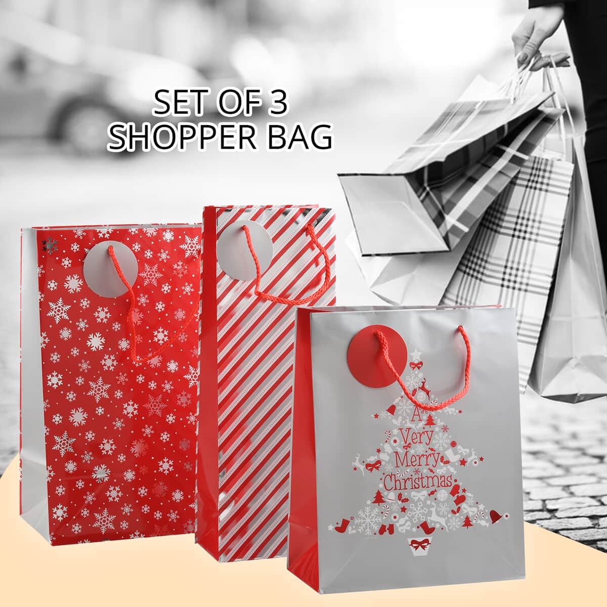 Set of 3 Gray, Multi Color Paper Glitter Shopper Bag image number 1