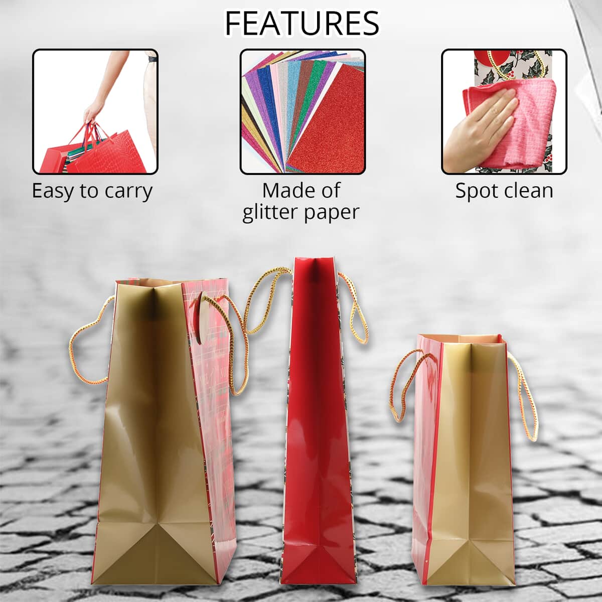 Set of 3 Maroon, Multi Color Paper Glitter Shopper Bag image number 2