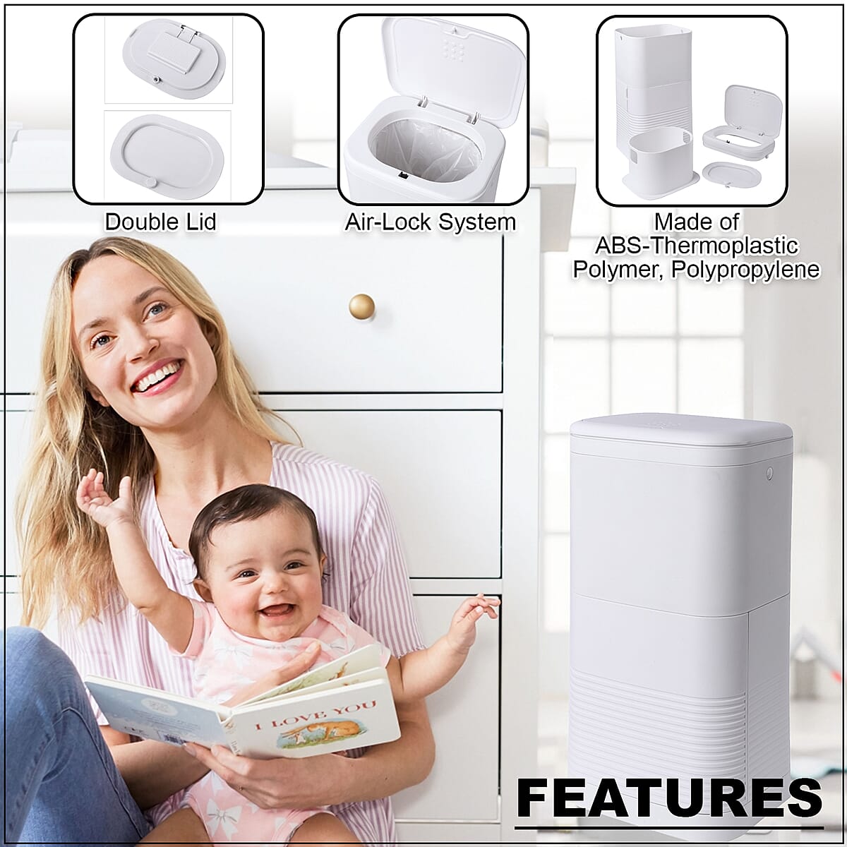White Double Lid Inner Diaper Pail with Dual Air Lock image number 2