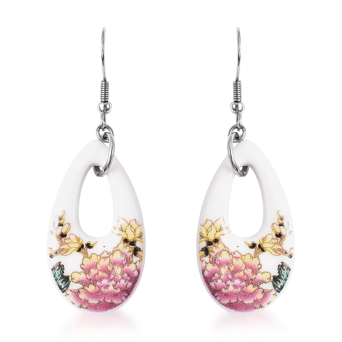 Ceramic Pink Peony Earrings in Stainless Steel