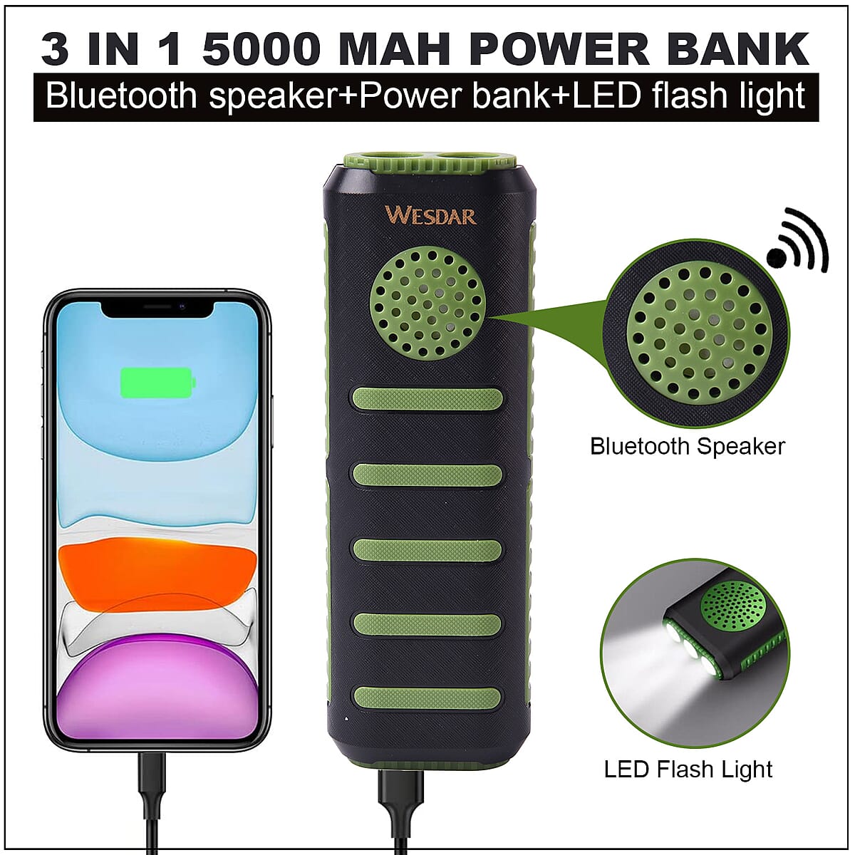 Green 3 in 1 Multi-function 5000 mAh Power Bank, Bluetooth Speaker and LED Flash Light image number 1
