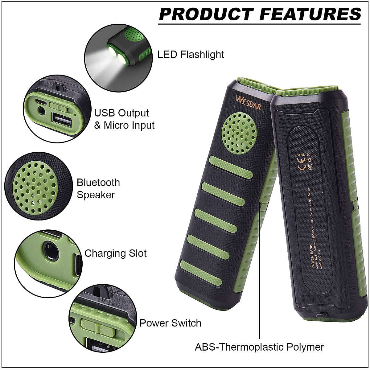 Green 3 in 1 Multi-function 5000 mAh Power Bank, Bluetooth Speaker and LED Flash Light image number 2