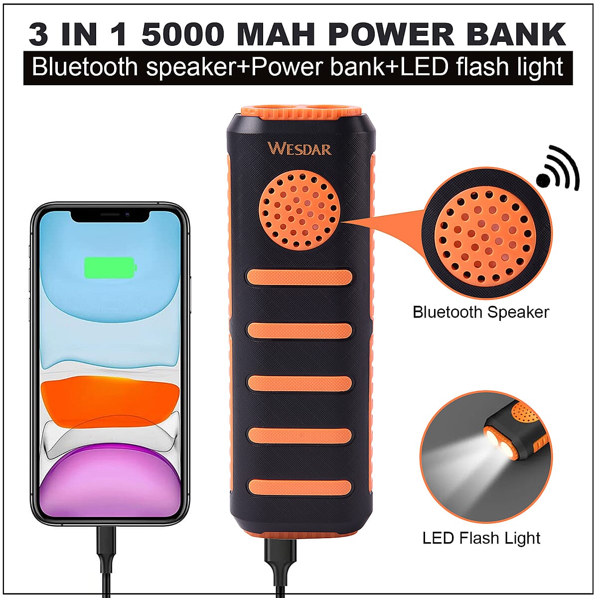 Orange 3 in 1 Multi-function 5000 mAh Power Bank, Bluetooth Speaker and LED Flash Light image number 1