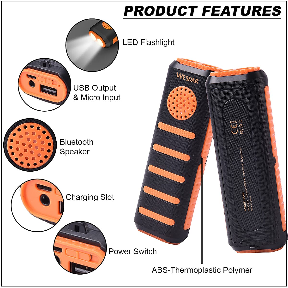 Orange 3 in 1 Multi-function 5000 mAh Power Bank, Bluetooth Speaker and LED Flash Light image number 2