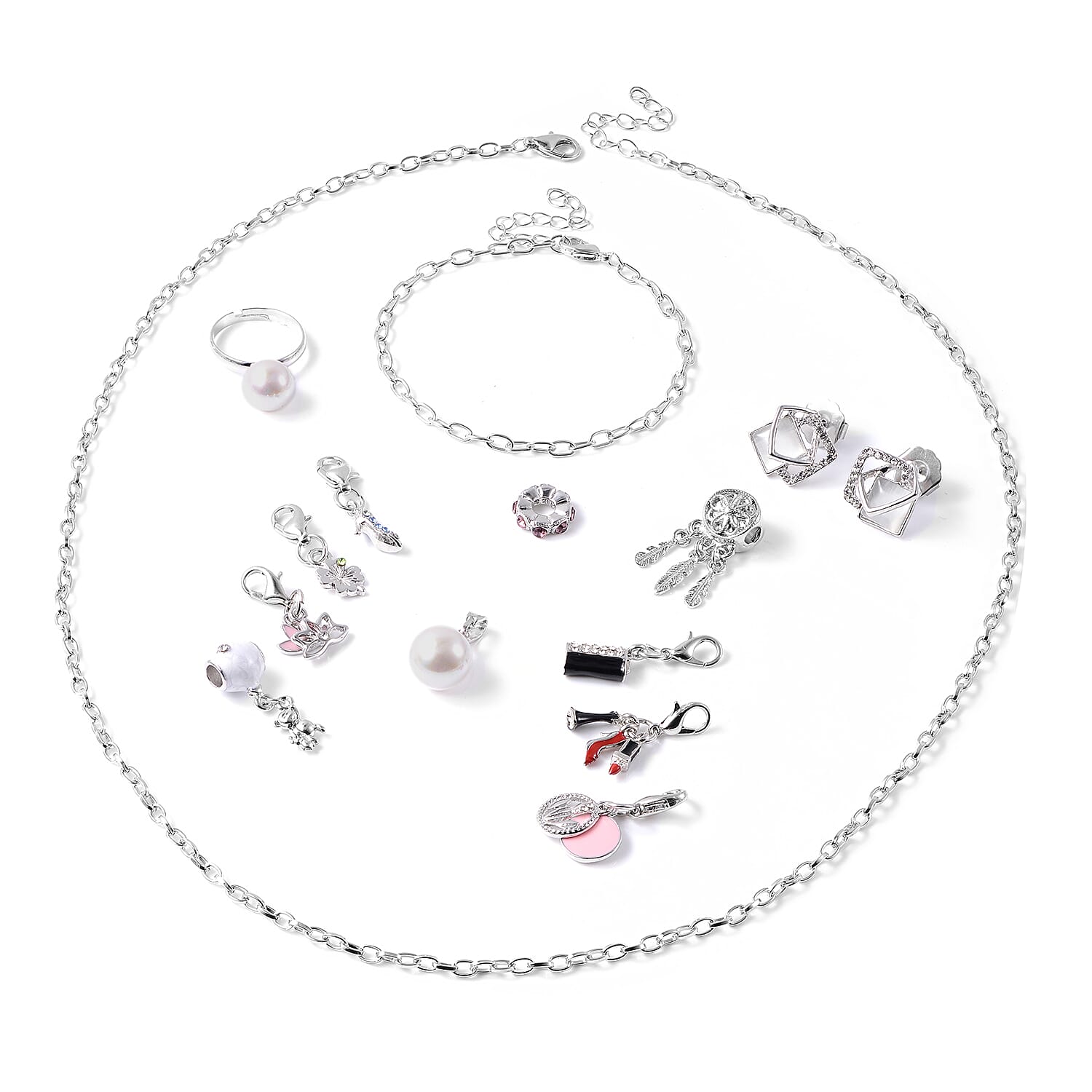 VALUE BUY Love Treat Calendar Pink with Red Heart Flower Gift Box, Set of 14 Jewelry pieces (Necklace Chain 24-26, Bracelet Chain 7.5-9.5, Beads, Charms Ring, Pendant, 1pc Earring)
