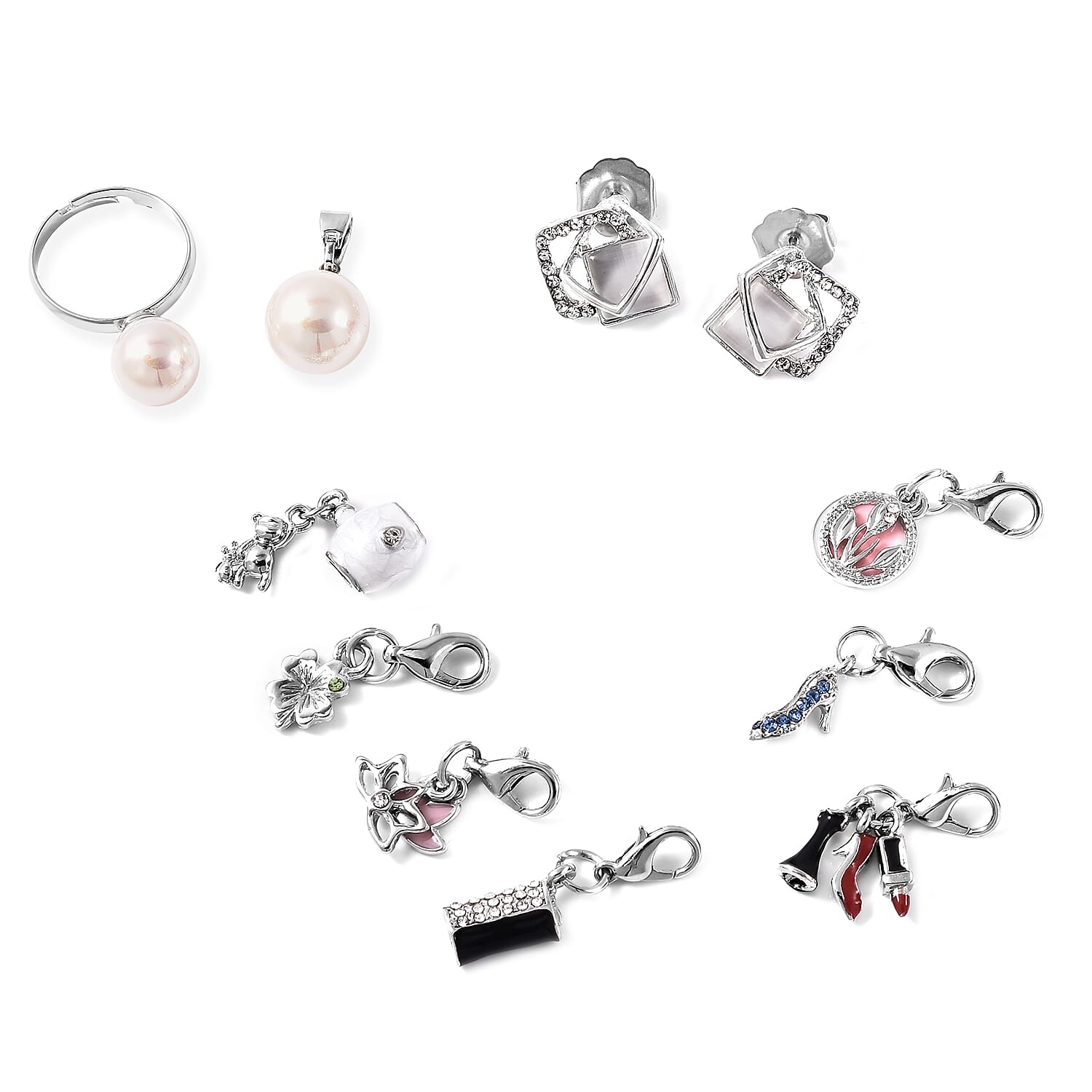 VALUE BUY Love Treat Calendar Pink with Red Heart Flower Gift Box, Set of 14 Jewelry pieces (Necklace Chain 24-26, Bracelet Chain 7.5-9.5, Beads, Charms Ring, Pendant, 1pc Earring)