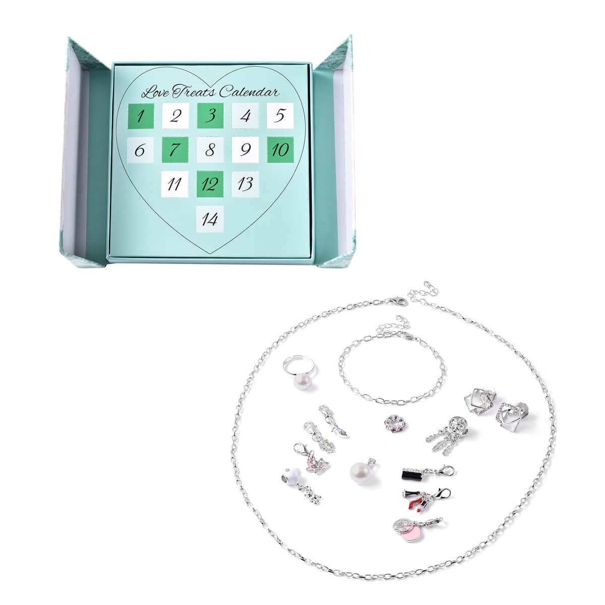 Love Treat Calendar Turquoise with white Heart Flower Gift Box, Set of 14 Jewelry Pieces image number 0