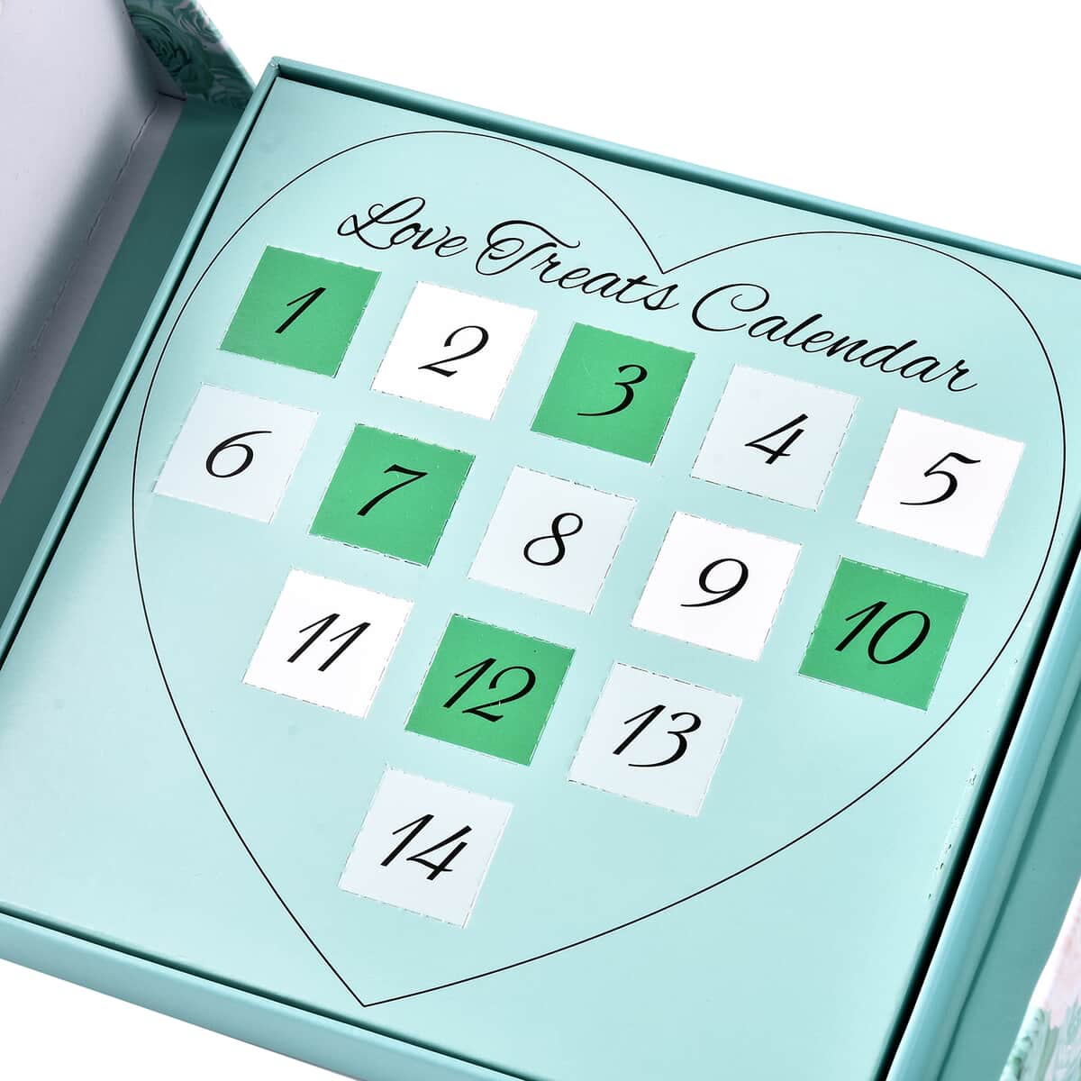 Love Treat Calendar Turquoise with white Heart Flower Gift Box, Set of 14 Jewelry Pieces image number 4