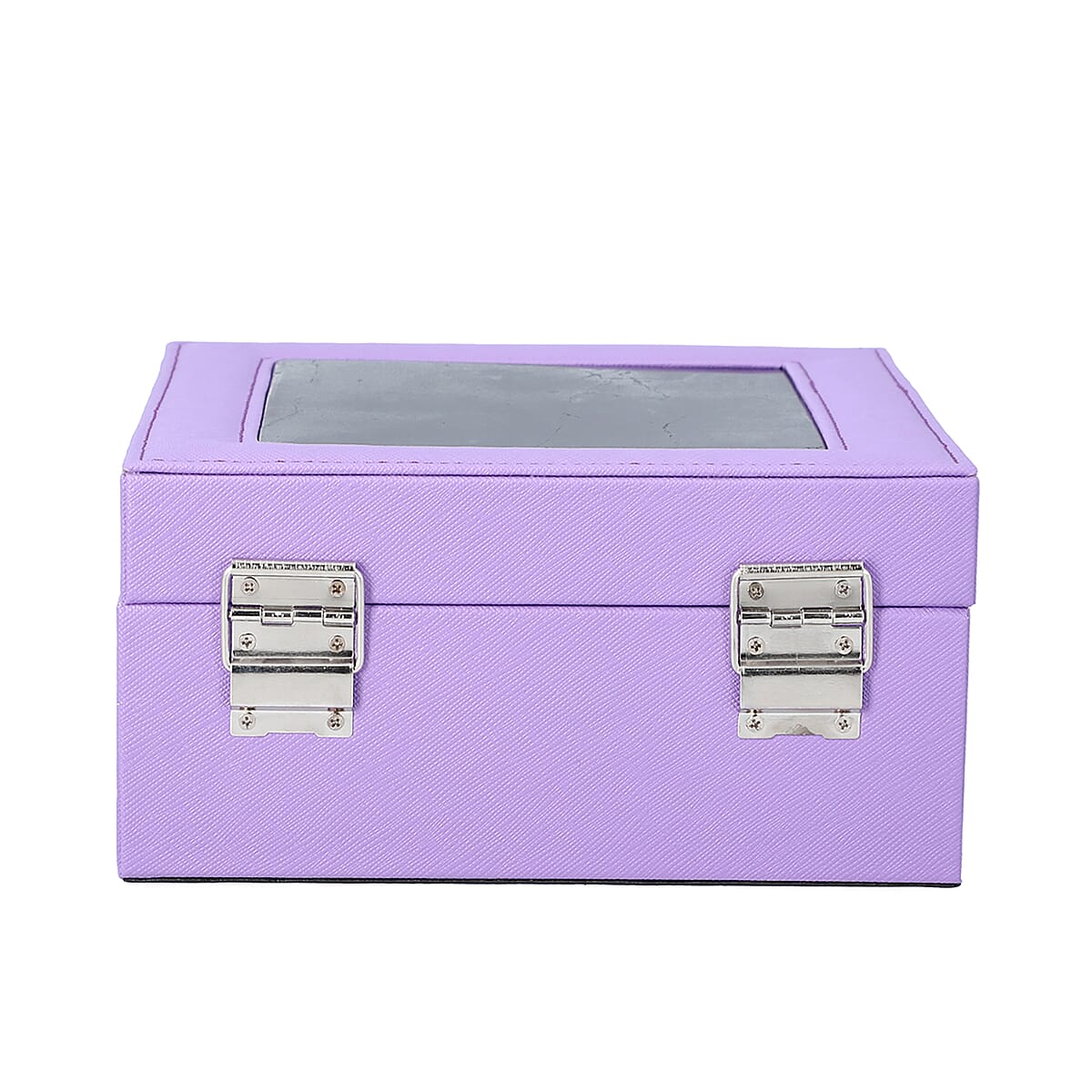 Purple Faux Leather 2 Tier Jewelry Box with Shungite Plate is Between The Top Glass and Mirror image number 3