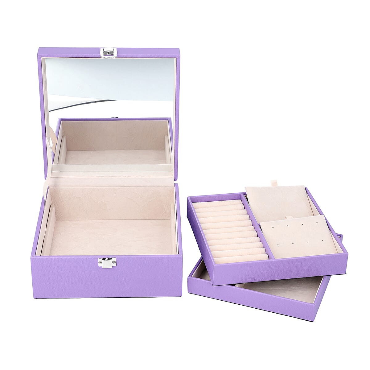 Purple Faux Leather 2 Tier Jewelry Box with Shungite Plate is Between The Top Glass and Mirror image number 4