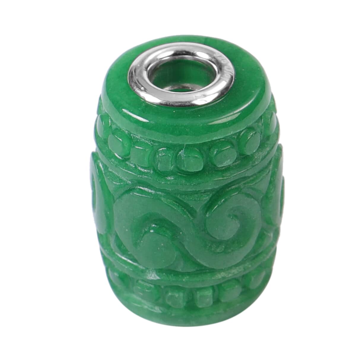 Green Jade Carved Beaded Barrel Shape Charm in Rhodium Over Sterling Silver 31.50 ctw image number 0