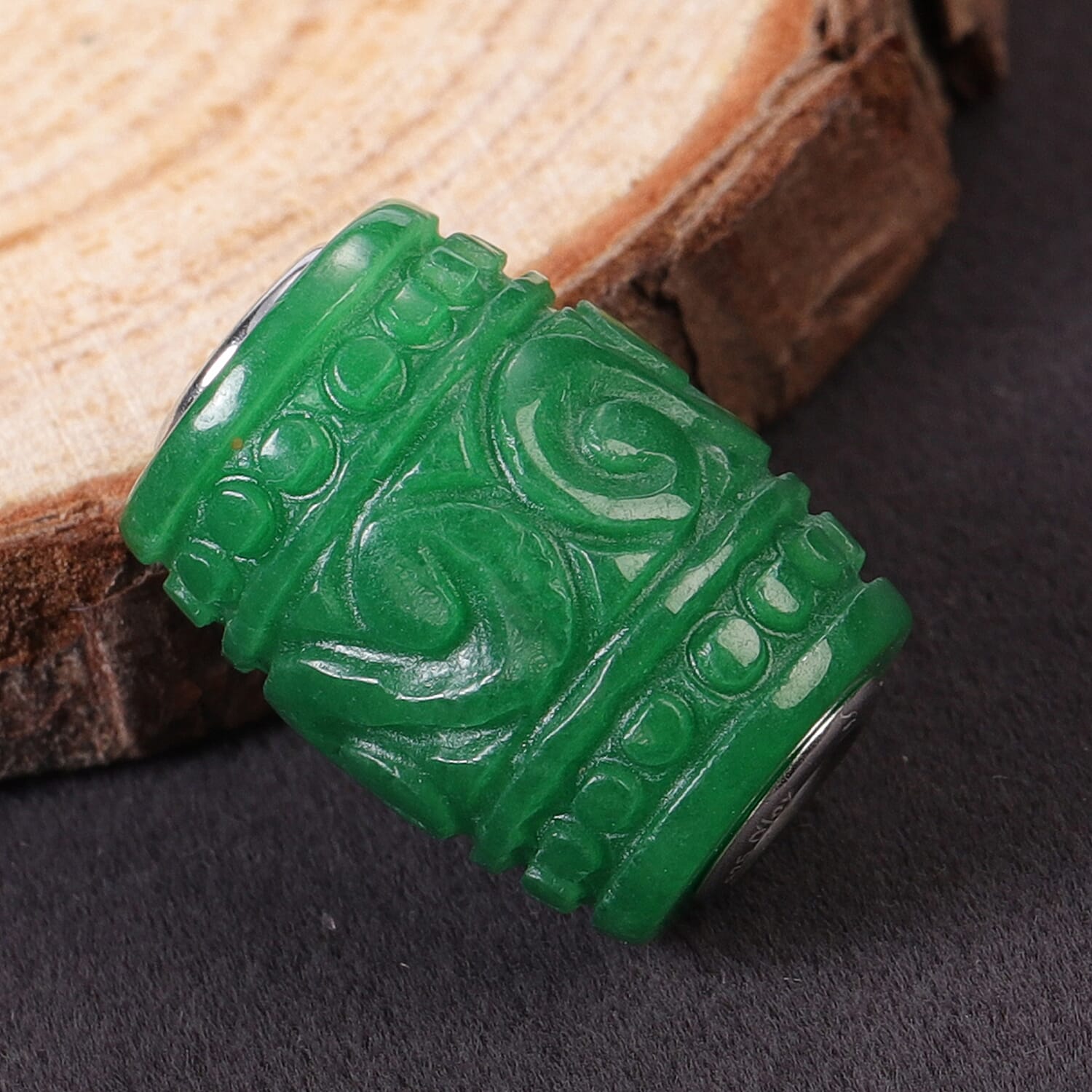 Green Jade Carved Beaded Barrel Shape Charm in Rhodium Over Sterling Silver 31.50 ctw