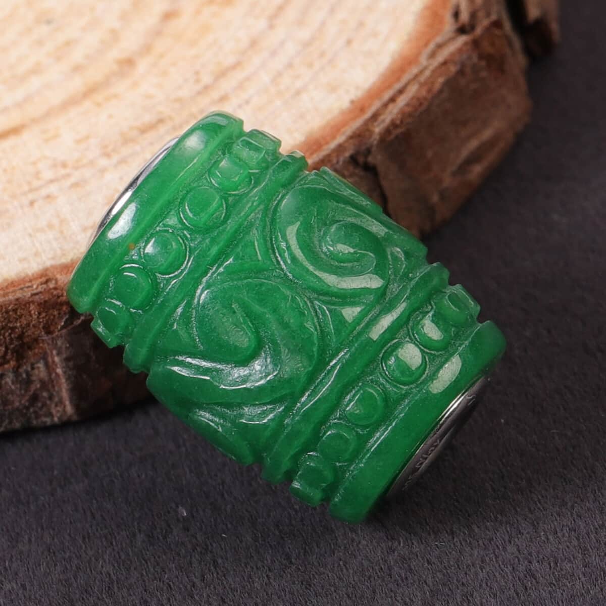 Green Jade Carved Beaded Barrel Shape Charm in Rhodium Over Sterling Silver 31.50 ctw image number 1