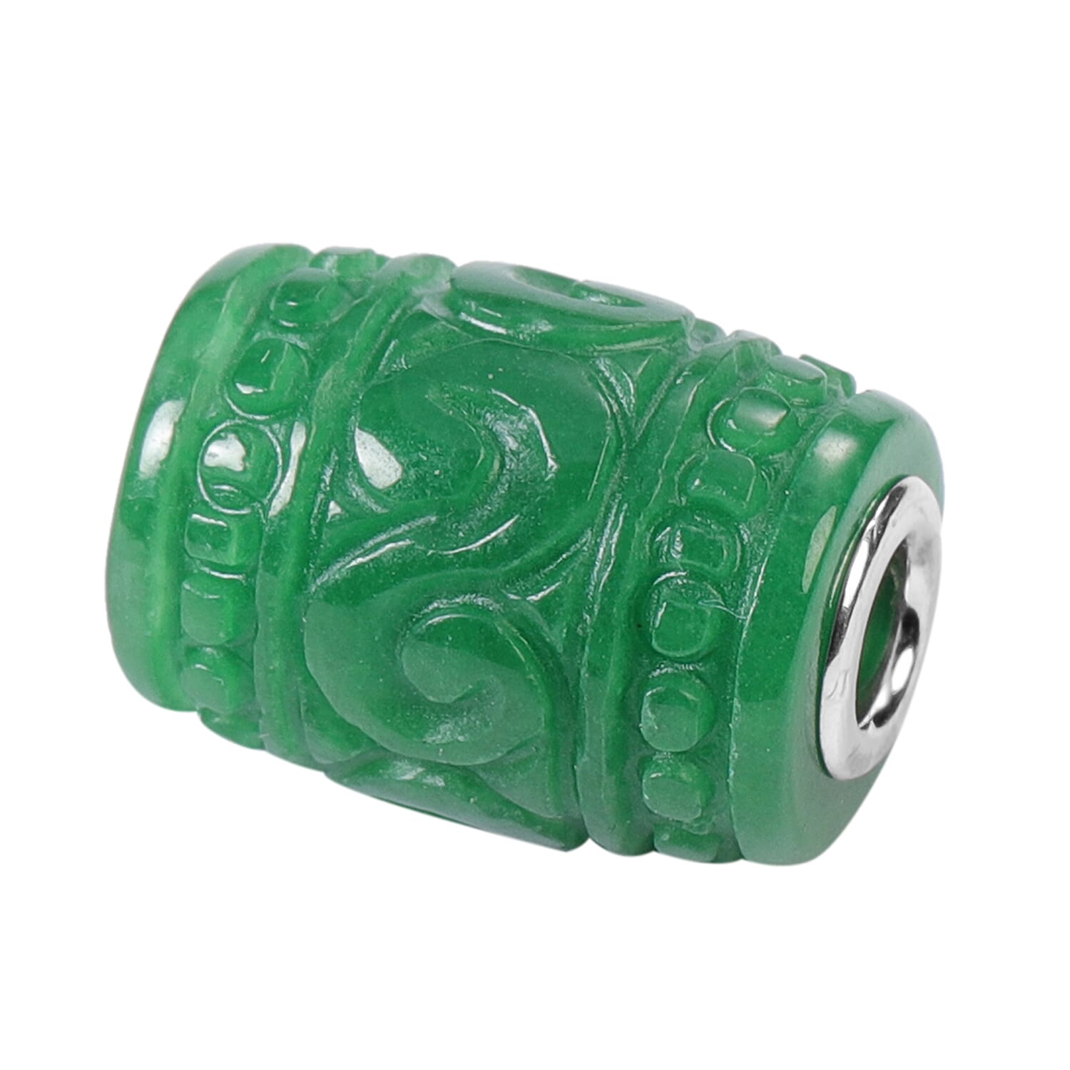 Green Jade Carved Beaded Barrel Shape Charm in Rhodium Over Sterling Silver 31.50 ctw