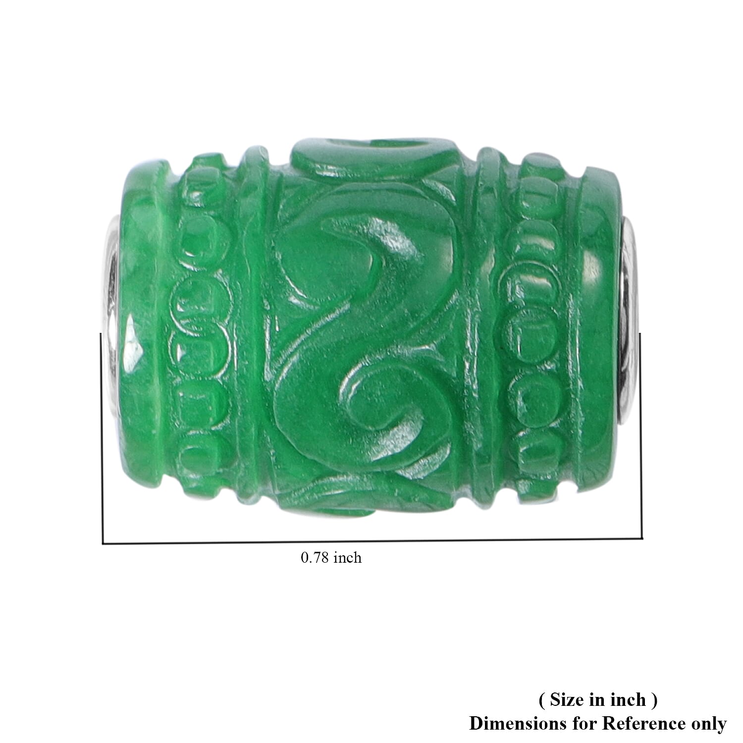 Green Jade Carved Beaded Barrel Shape Charm in Rhodium Over Sterling Silver 31.50 ctw