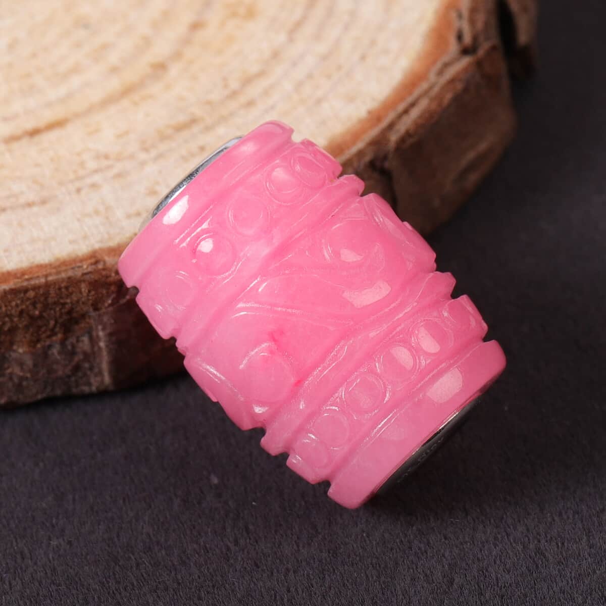 Pink Jade Carved Beaded Barrel Shape Charm in Rhodium Over Sterling Silver 31.00 ctw image number 1