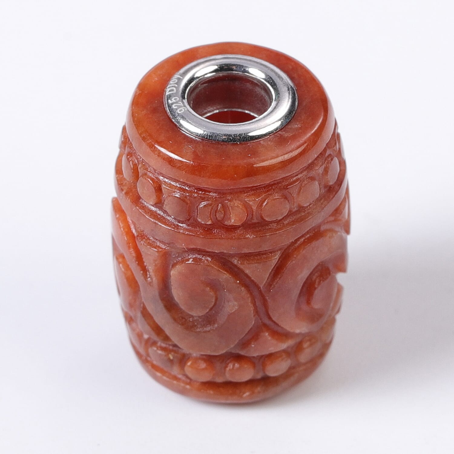 Red Jade Carved Barrel Shape Charm in Rhodium Over Sterling Silver 28.50 ctw