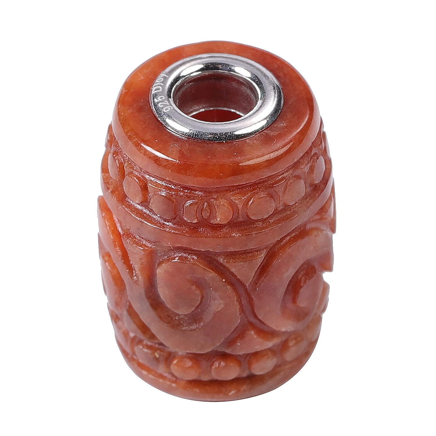 Red Jade Carved Barrel Shape Charm in Rhodium Over Sterling Silver 28.50 ctw