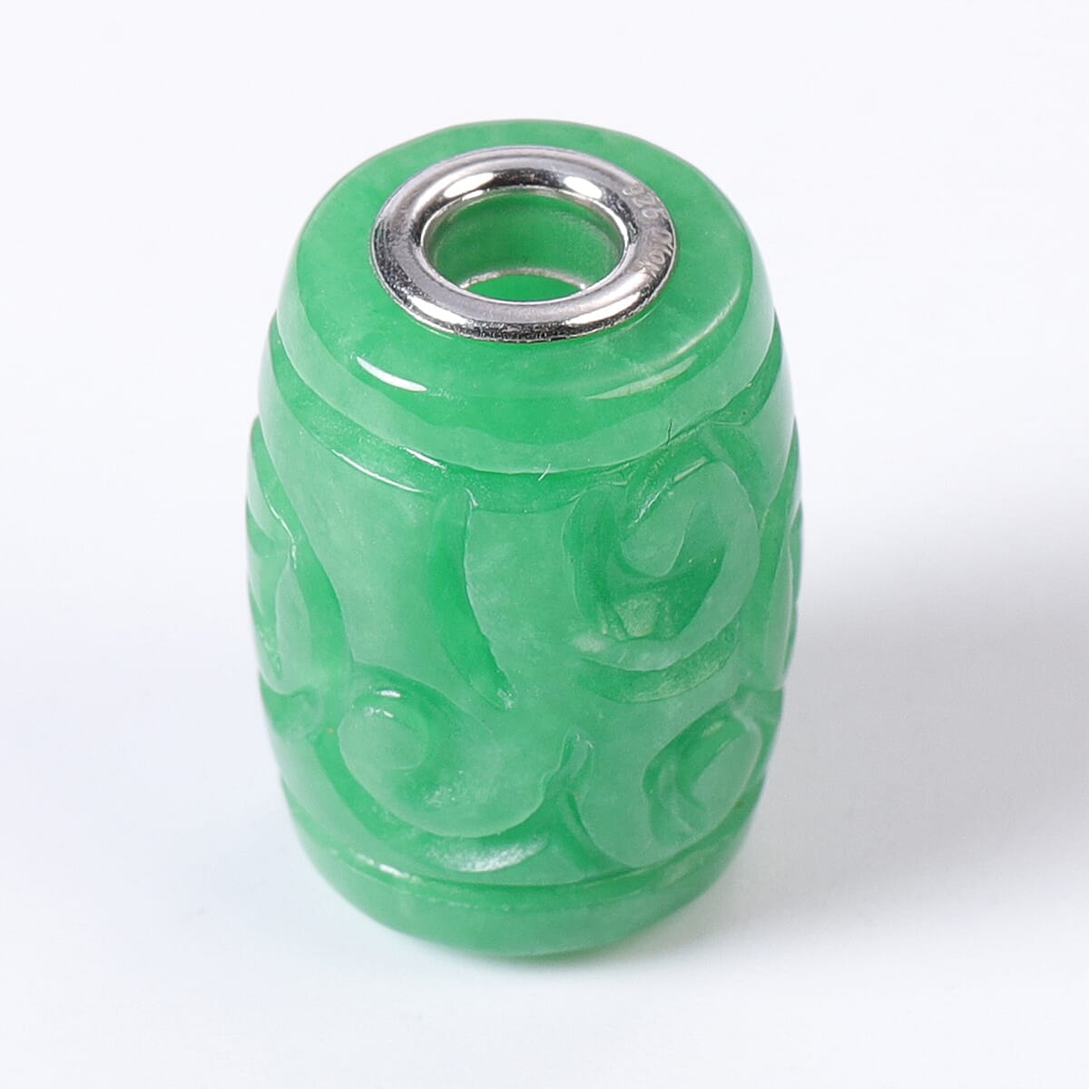 Green Jade Carved Barrel Shape Charm in Rhodium Over Sterling Silver 28.50 ctw image number 1