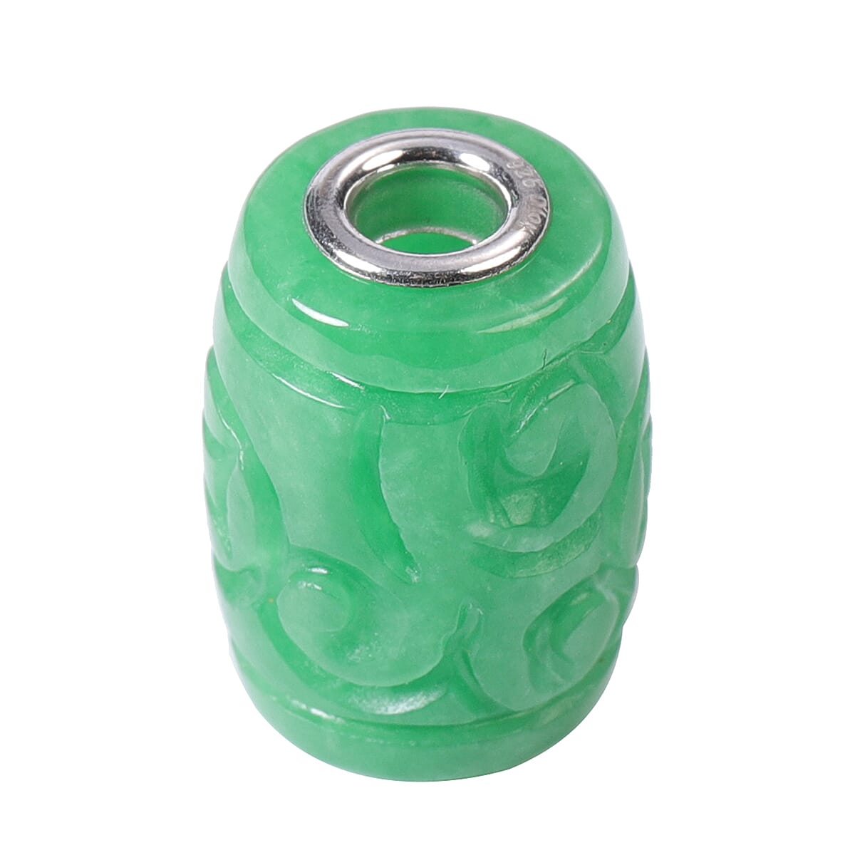 Green Jade Carved Barrel Shape Charm in Rhodium Over Sterling Silver 28.50 ctw image number 2