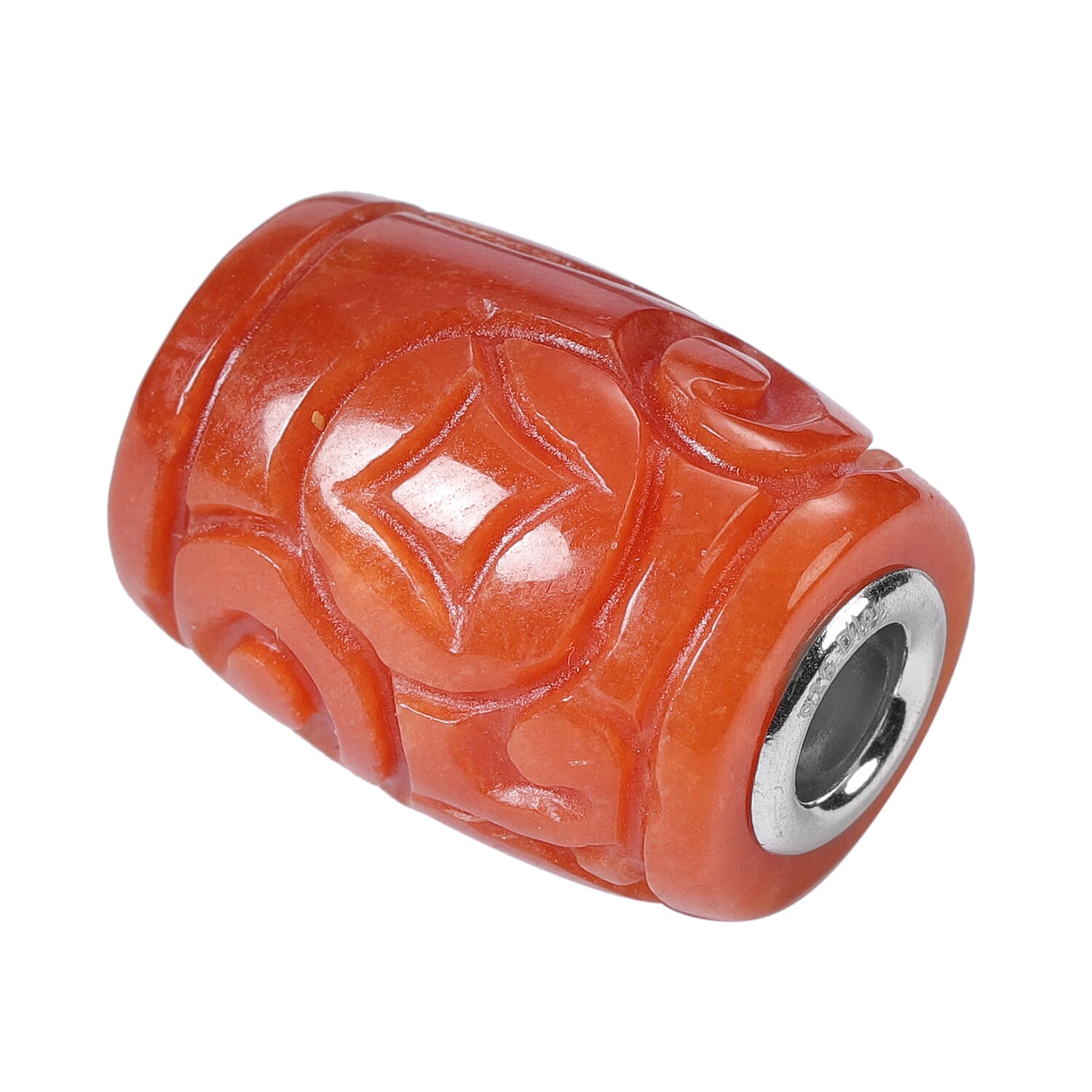 Red Jade Carved Barrel Shape Charm in Rhodium Over Sterling Silver 30.50 ctw