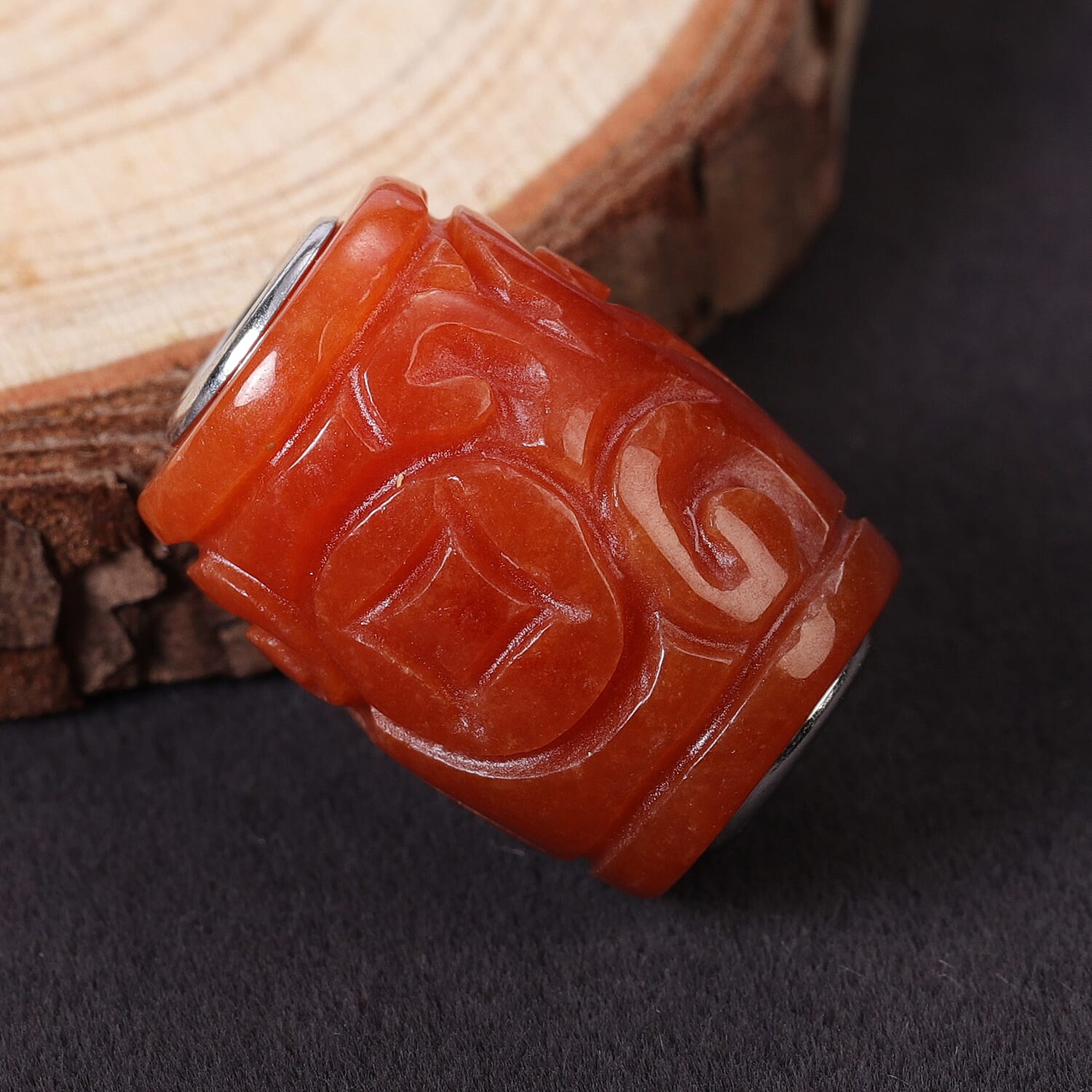 Red Jade Carved Barrel Shape Charm in Rhodium Over Sterling Silver 30.50 ctw