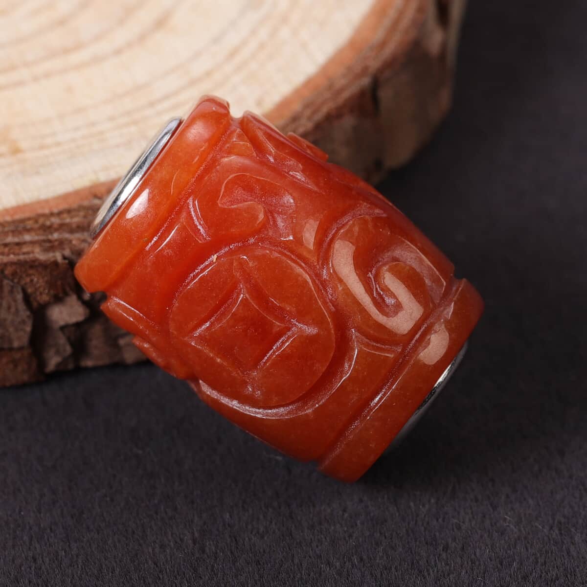 Red Jade Carved Barrel Shape Charm in Rhodium Over Sterling Silver 30.50 ctw image number 1