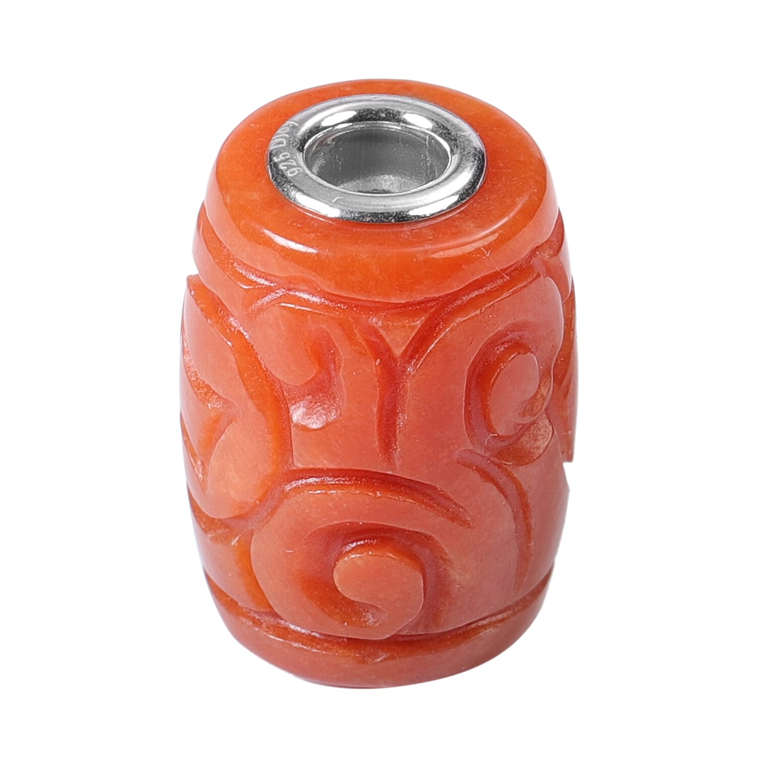 Red Jade Carved Barrel Shape Charm in Rhodium Over Sterling Silver 30.50 ctw