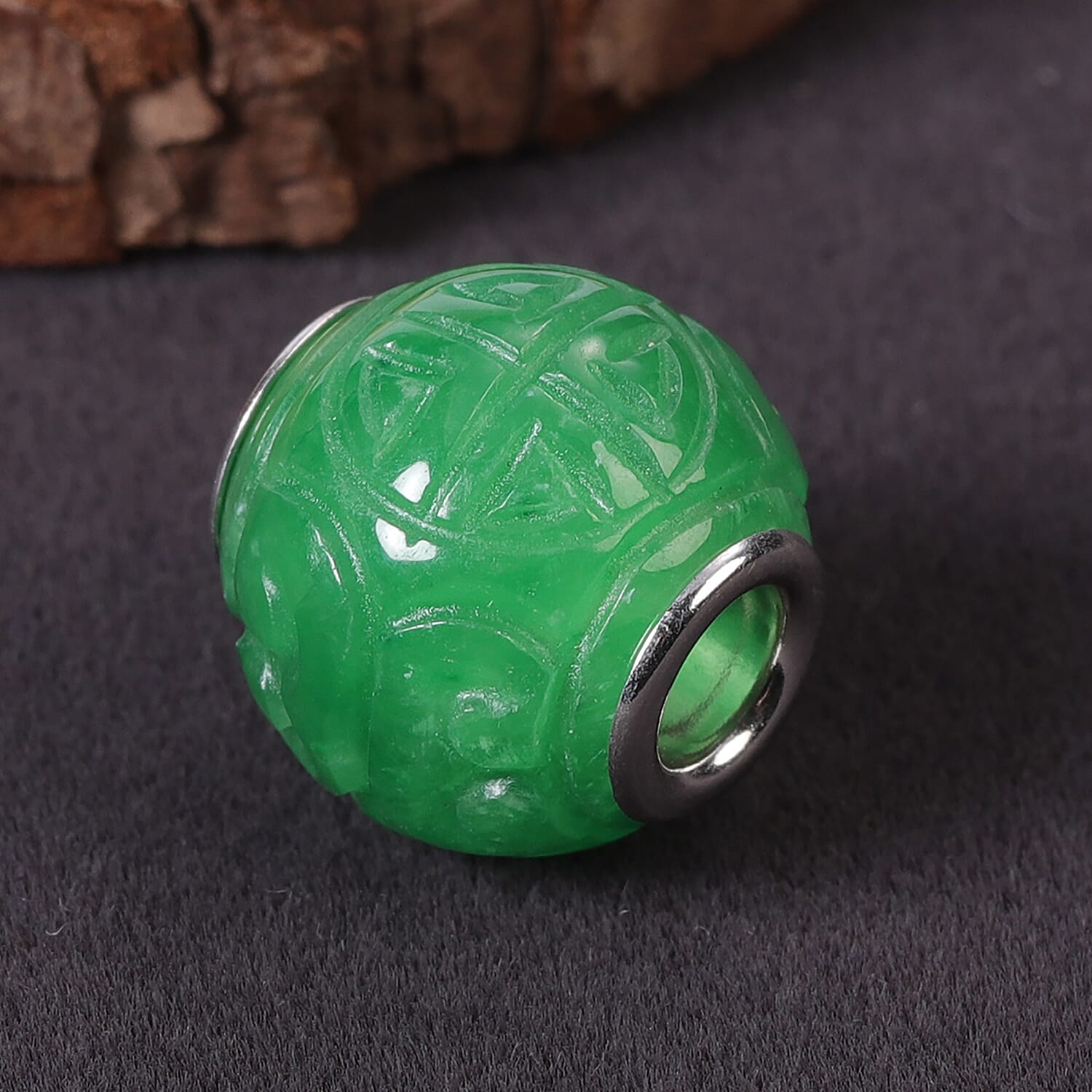 Green Jade Carved Charm in Rhodium Over Sterling Silver 30.50 ctw