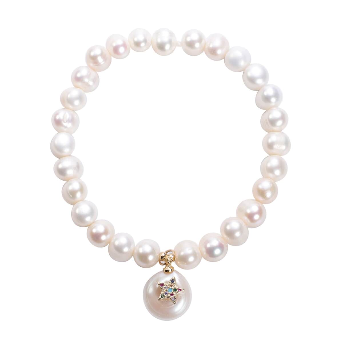White Freshwater Pearl and Simulated Multi Diamond Coin Cultured Pearl Charm with Dragonfly Stretch Bracelet in Goldtone 0.10 ctw image number 0