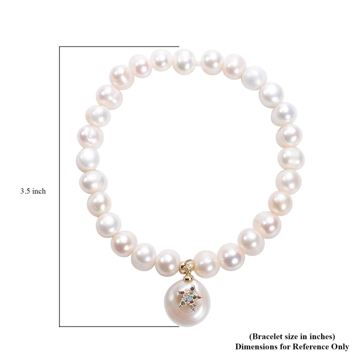 White Freshwater Pearl and Simulated Multi Diamond, Coin Cultured Pearl Star Charm Stretch Bracelet in Goldtone 0.10 ctw image number 2