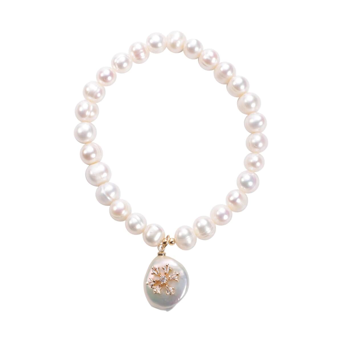 White Freshwater Pearl and Simulated Multi Diamond, Coin Cultured Pearl Snow Flower Charm Stretch Bracelet in Goldtone 0.24 ctw image number 0