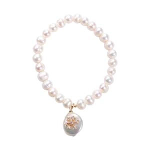 White Freshwater Pearl and Simulated Multi Diamond, Coin Cultured Pearl Snow Flower Charm Stretch Bracelet in Goldtone 0.24 ctw