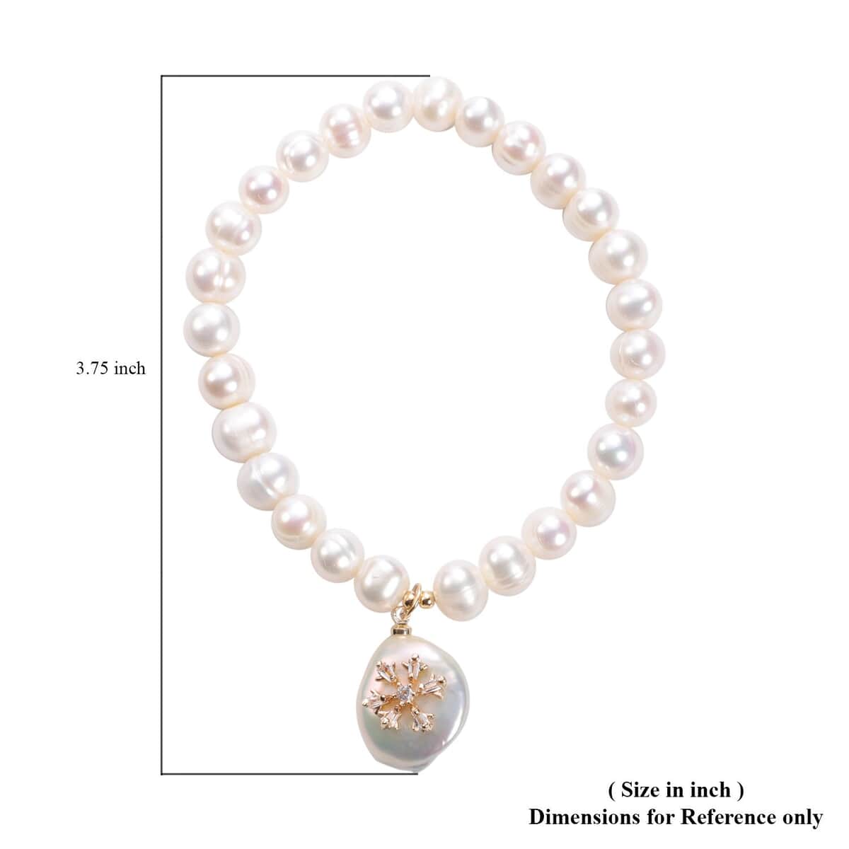White Freshwater Pearl and Simulated Multi Diamond, Coin Cultured Pearl Snow Flower Charm Stretch Bracelet in Goldtone 0.24 ctw image number 2