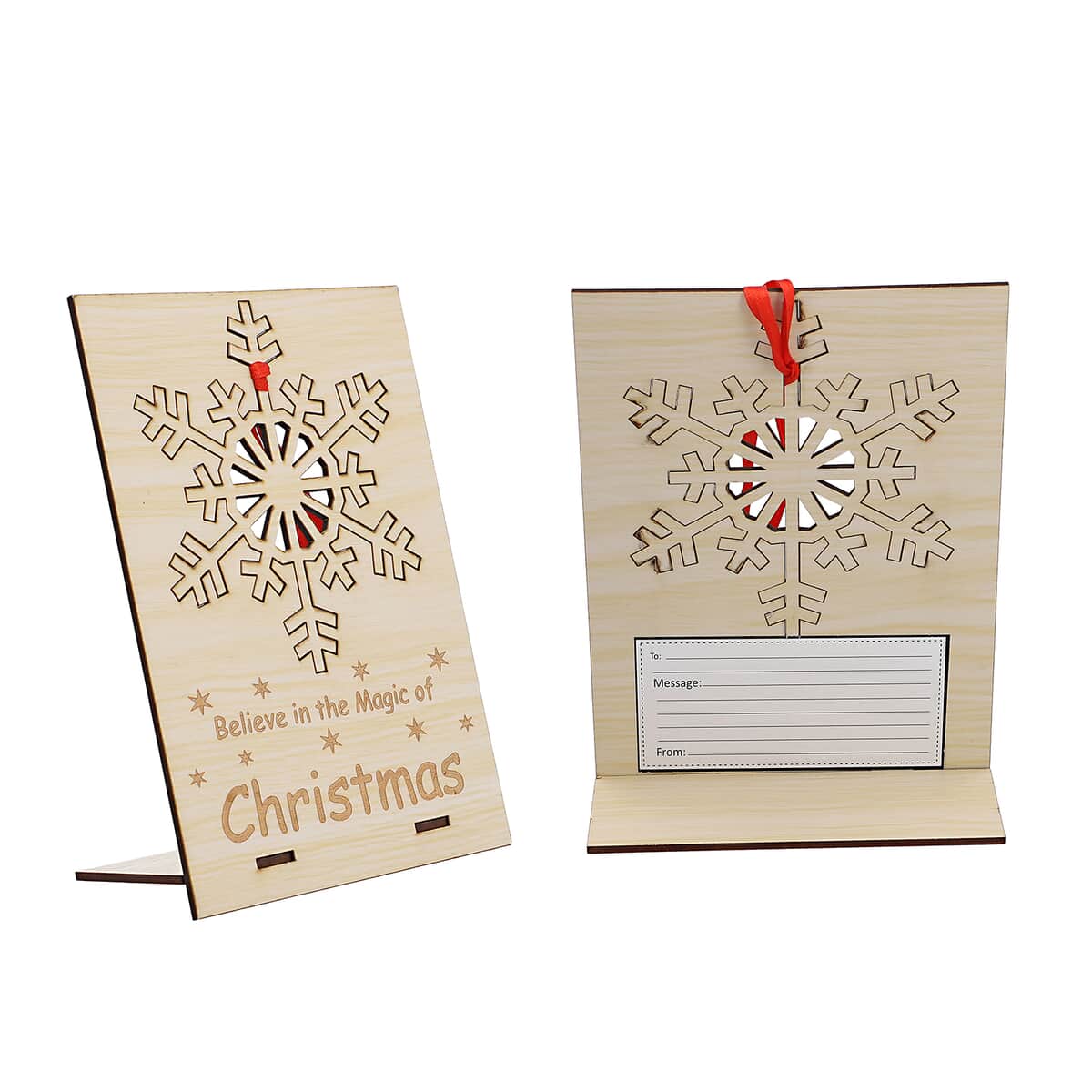Set of 2 Natural Wooden Snowflake Christmas Card with Detachable Laser Cut Ornaments image number 0