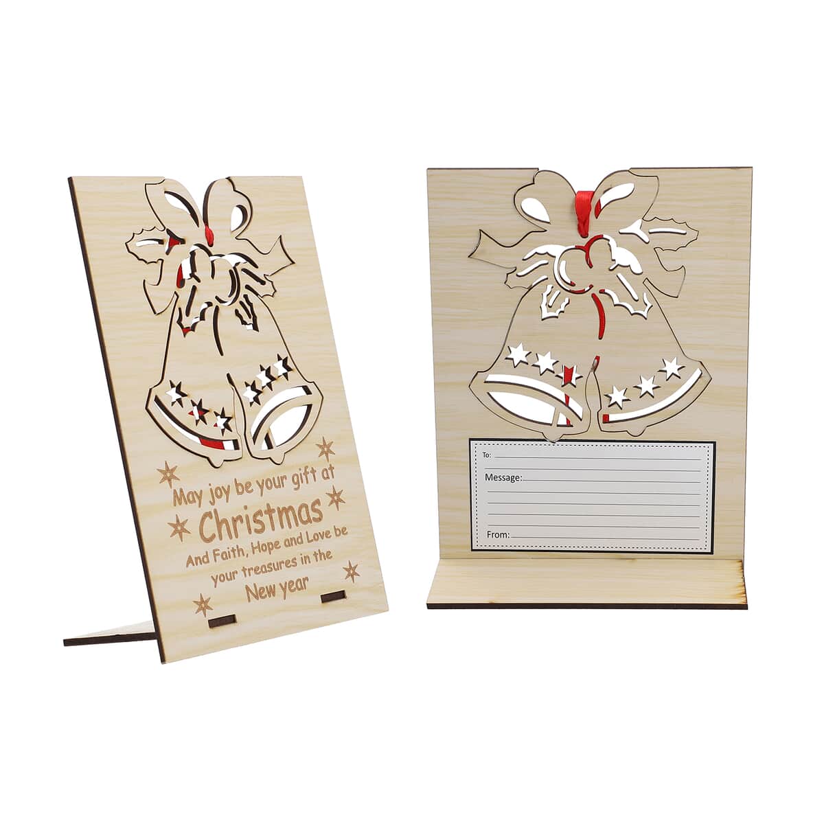 Set of 2 Natural Wooden Bell Christmas Card with Detachable Laser Cut Ornaments image number 0