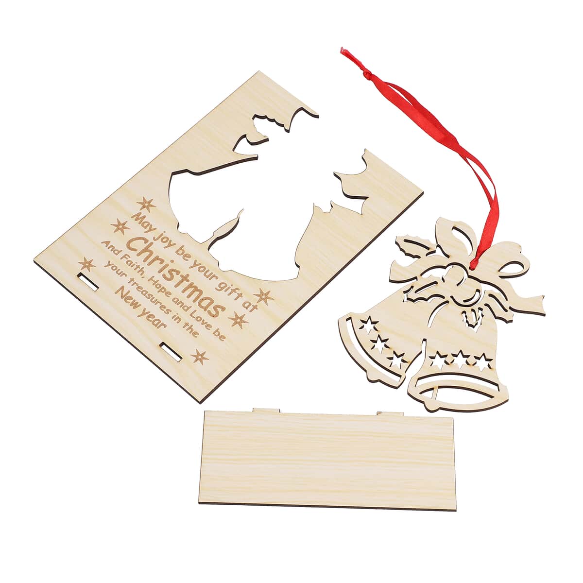 Set of 2 Natural Wooden Bell Christmas Card with Detachable Laser Cut Ornaments image number 4