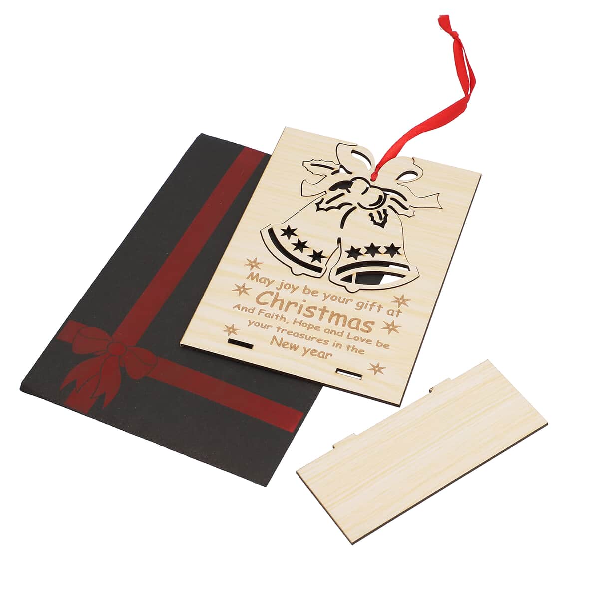 Set of 2 Natural Wooden Bell Christmas Card with Detachable Laser Cut Ornaments image number 5